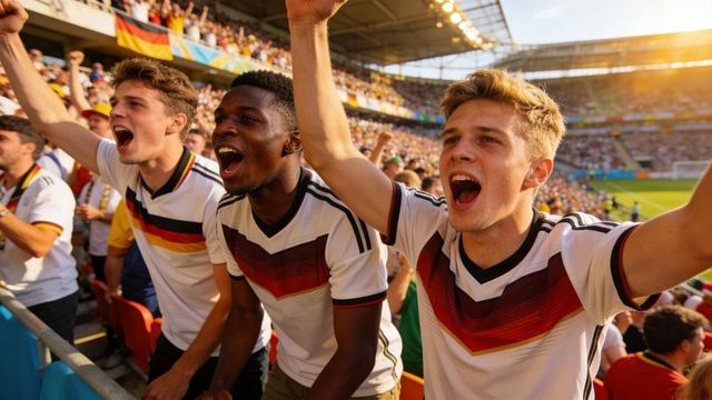 Three passionate football fans cheering in sunlit stadium wearing germany national jerseys