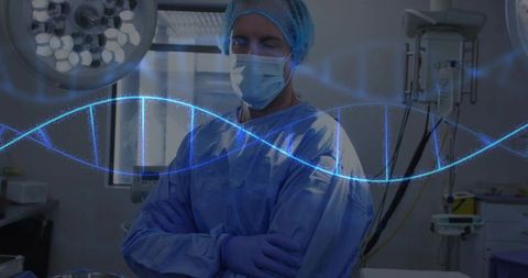 Surgeon in Operating Room with DNA Overlay Highlighting Medical Innovation