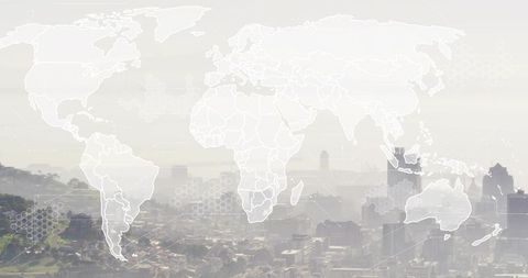 Translucent global map overlay over urban skyline with hexagonal network grid