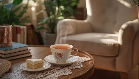 Steaming vintage teacup and sponge cake on wooden table in sunlit cozy living room