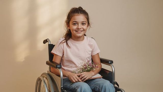 Smiling girl sitting in wheelchair holding wildflowers and notebook, gentle studio portrait