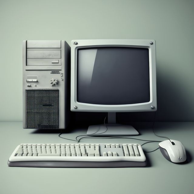Vintage desktop computer setup featuring a CRT monitor, tower PC, keyboard, and mouse evoking nostalgia from the 1990s or early 2000s. Ideal for use in articles, blog posts, and marketing materials concerning the history of technology, vintage electronics, or the evolution of computers.