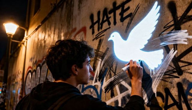 Street artist painting glowing dove over hate graffiti on urban alley wall at night
