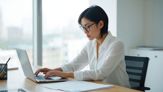 Focused Professional Woman Typing at Bright Modern Office Desk