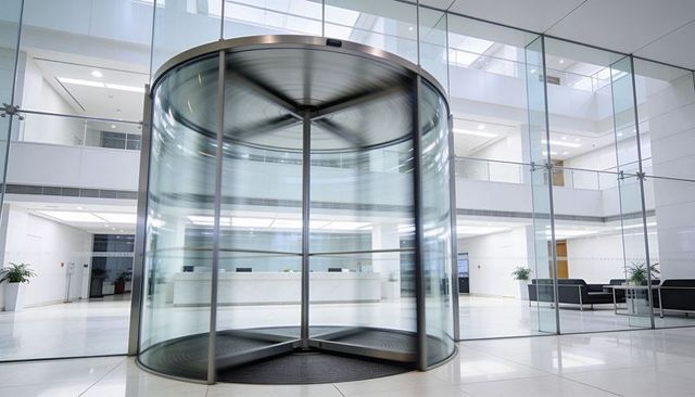 Spinning Glass Revolving Door in Minimalist Corporate Lobby with Skylight, Mezzanine and Reception