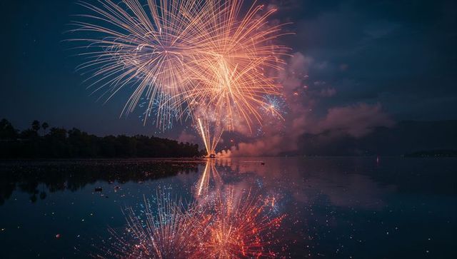 Spectacular fireworks illuminating night sky and reflecting over lake