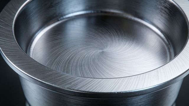 Brushed stainless cylinder with concentric lathe marks and polished rim