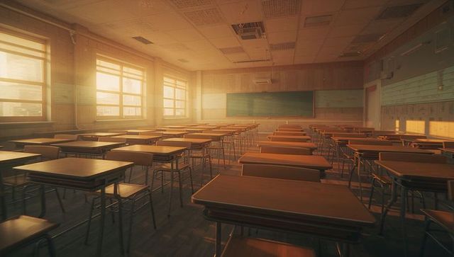 Empty classroom with golden sunlight and wooden desks