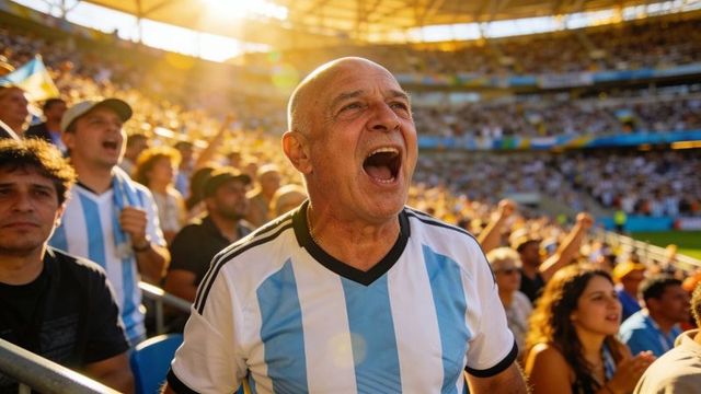 Shouting argentina football fan celebrating passionately in sunlit crowded stadium