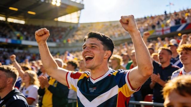 Adult male fan celebrating with raised fists in packed stadium, vibrant sports energy