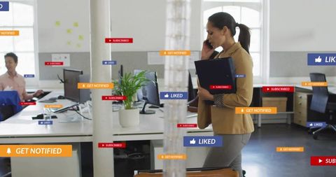 Businesswoman walking through modern coworking office receiving social media notifications