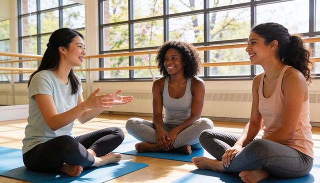Chatting three women on mats after yoga class in sunlit barre studio promoting wellness