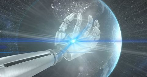 Futuristic robotic hand with globe and light beams