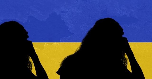 Silhouette of two stressed woman against ukraine flag background. ukraine crisis, invasion and conflict concept