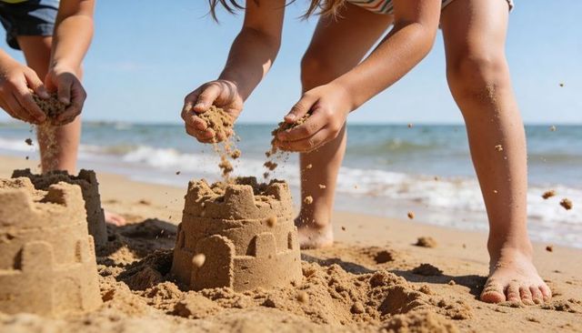 Children building sandcastles on sunny beach kneeling at shoreline, summer play