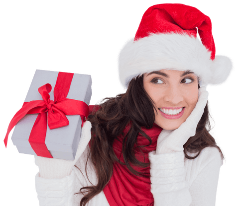 joyful woman in santa hat presenting gift with transparent background - Download Free Stock Videos Pikwizard.com