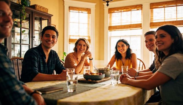 Sunlit friends gathering around dining table sharing laughter and casual meal, cozy home