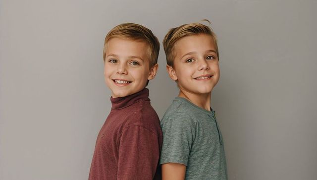 Smiling brothers standing back-to-back on neutral gray background