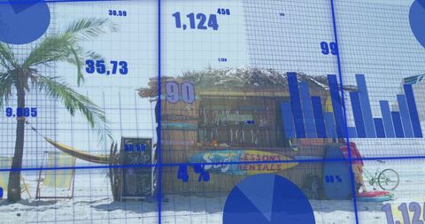 Tropical Beach Bar with Overlayed Digital Financial Metrics