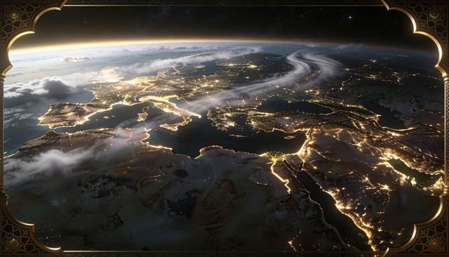 Orbital night view showing europe and middle east illuminated coastlines with ornate gold frame
