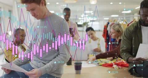 Diverse Team Analyzing Reports with Data Overlay