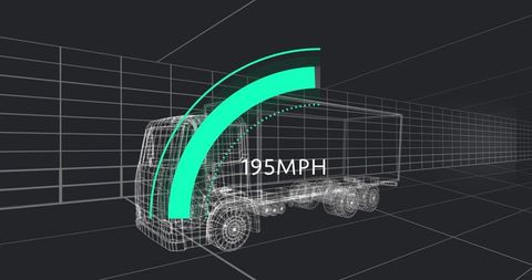 Futuristic wireframe truck racing in digital grid tunnel
