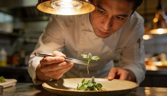 Plating gourmet dish with microgreens using tweezers under warm pendant lighting