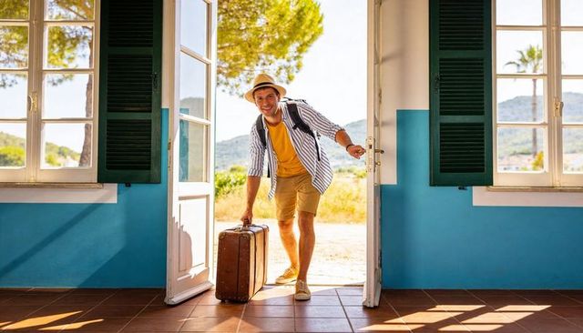 Traveler entering sunlit villa pulling vintage suitcase wearing straw fedora and backpack