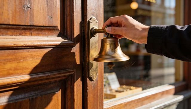 Ringing brass bell on sunlit antique wooden shop door with glass display