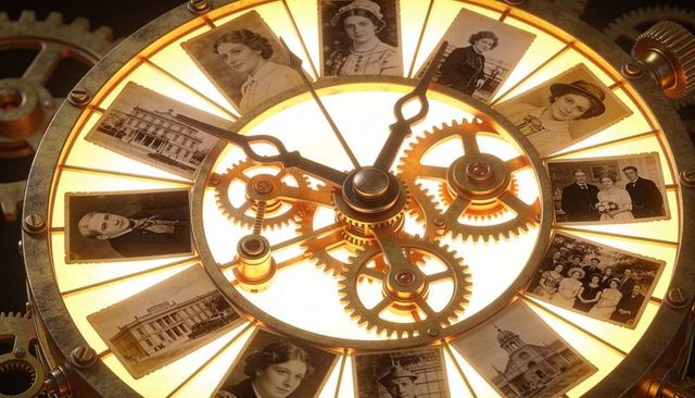 Backlit vintage portrait clock with brass gears, sepia photographs and clockwork mechanism