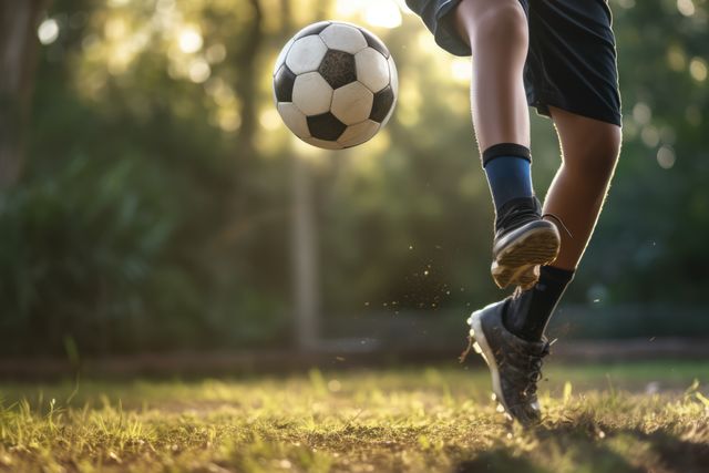 Perfect for advertising youth sports programs, athletic wear, or promoting outdoor activities for children. Highlights dynamism and energy in sports. Useful for blogs, websites, and magazines detailing children's soccer events or fitness inspiration.