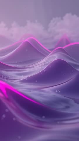 Rippling purple waves glowing with neon pink highlights and drifting droplets vertical loop