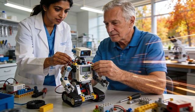 Intergenerational team assembling tracked robot prototype in lab workshop, hands-on stem