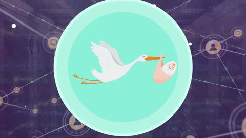 Stork Delivering Baby Icon with Network Connections Background