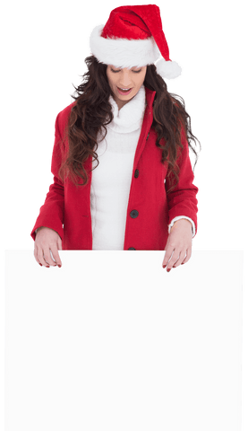 Festive Woman in Santa Hat Holding Blank Transparent Poster