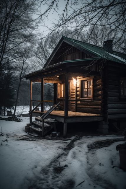 Log cabin with light and green roof in snow in nature, created using generative ai technology. Log cabin, vacation and nature concept digitally generated image.
