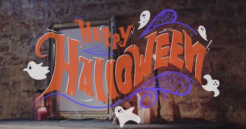 Happy halloween text with spooky ghosts and mirror