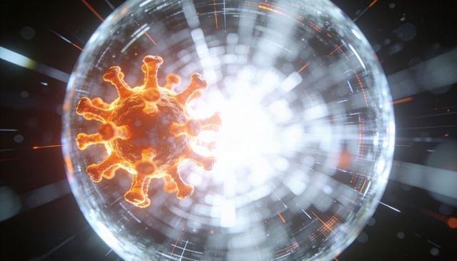 Glowing virus particle floating in containment field with radial light streaks