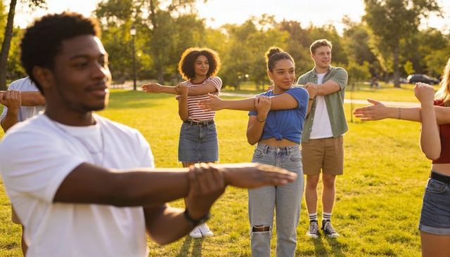 Friends stretching together in sunlit park during golden hour outdoor fitness warmup