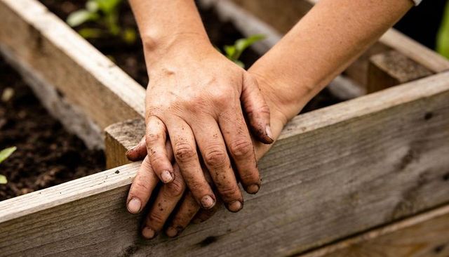 Soiled hands clasping wooden planter edge surrounded by seedlings and fresh potting soil