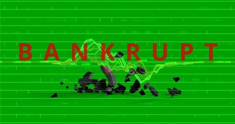 Red bankrupt text over shattered piggy bank shards with neon market waveform crashing