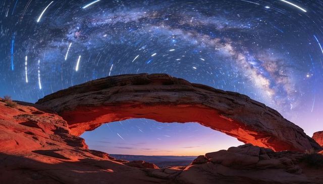 Milky way star trails arcing over illuminated red sandstone arch at twilight panorama