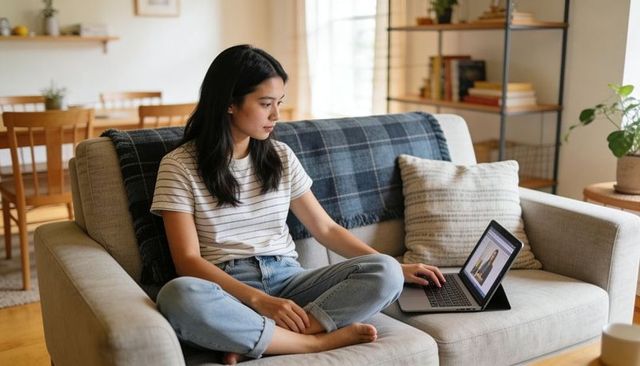 Young woman relaxing on sofa using laptop for remote work and video call in cozy living space