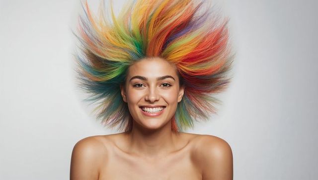 Smiling woman rocking vibrant rainbow hair, futuristic fashion trend