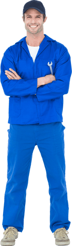 Smiling Mechanic in Blue Coveralls with Crossed Arms on Transparent Background - Download Free Stock Videos Pikwizard.com