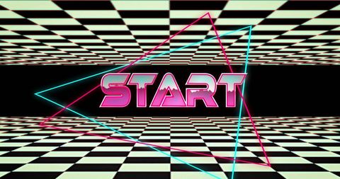 Retro futuristic start button with neon grid