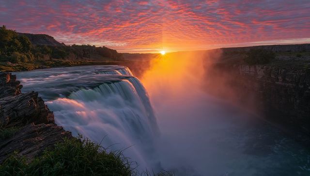 Sunrise casting golden glow over waterfall plunging into mist-filled canyon