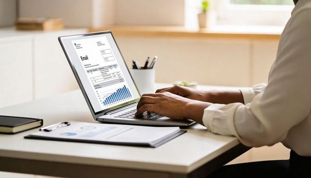 Man typing on laptop analyzing financial chart and report at minimalist desk home office