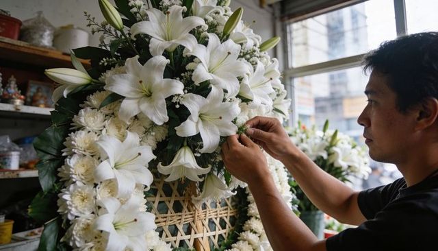 Florist arranging white lily wreath at workshop bench, floral tribute and craftsmanship
