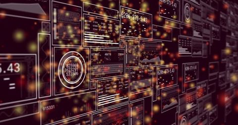 Futuristic data dashboard visualizing analytics with glowing widgets, metrics grid